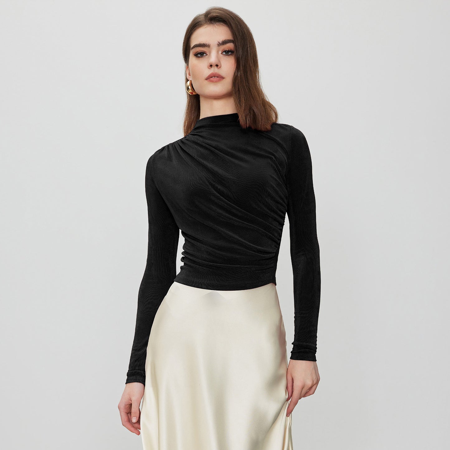 Women's Autumn Winter Velvet Ruched Long Sleeve Pullover Mock Neck Top