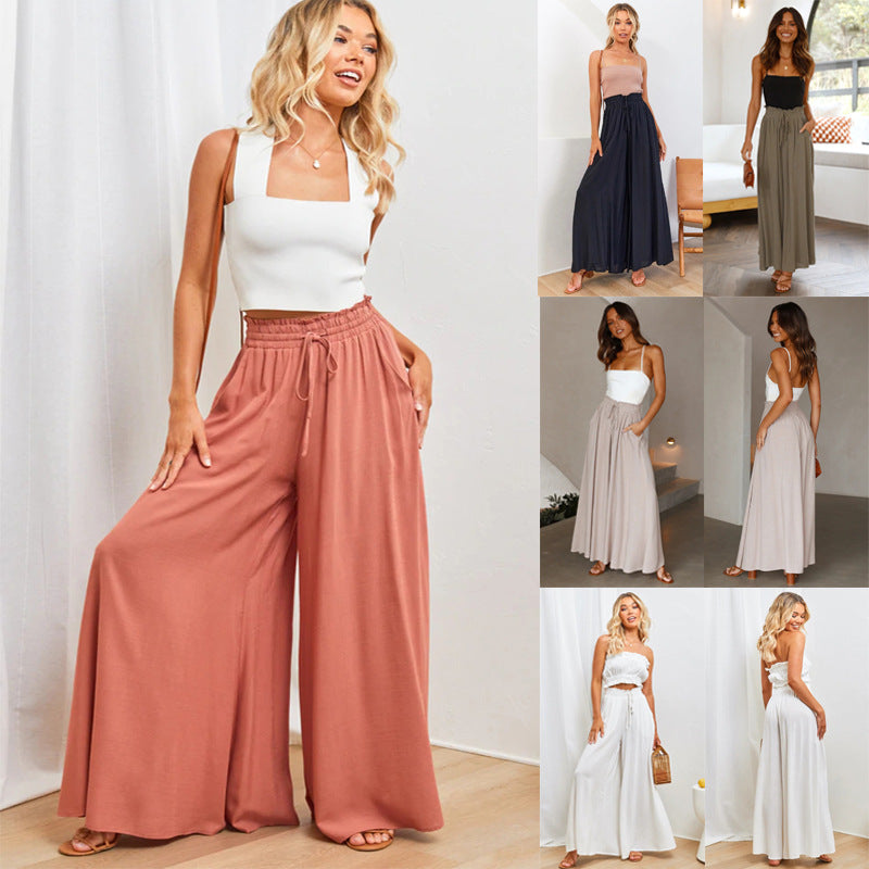 Women’s Multi-Color Elastic Waist High-Waisted Wide-Leg Long Skirt Pants