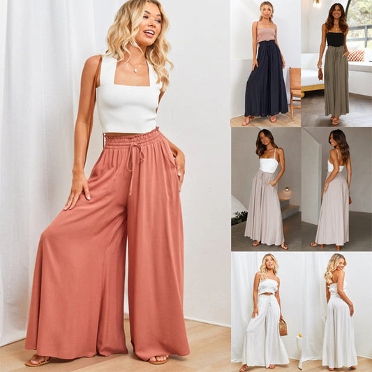 Women’s Multi-Color Elastic Waist High-Waisted Wide-Leg Long Skirt Pants