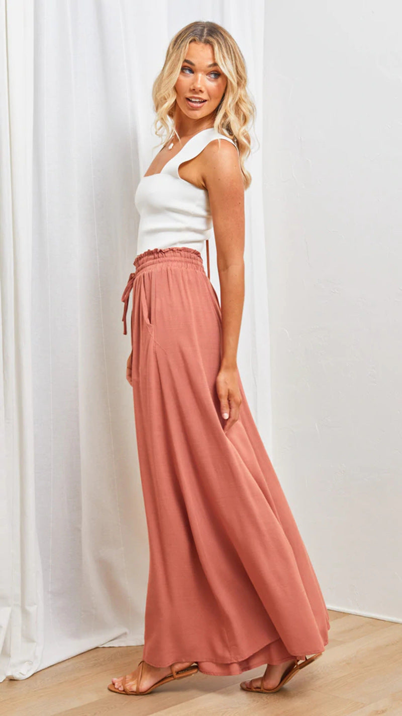 Women’s Multi-Color Elastic Waist High-Waisted Wide-Leg Long Skirt Pants