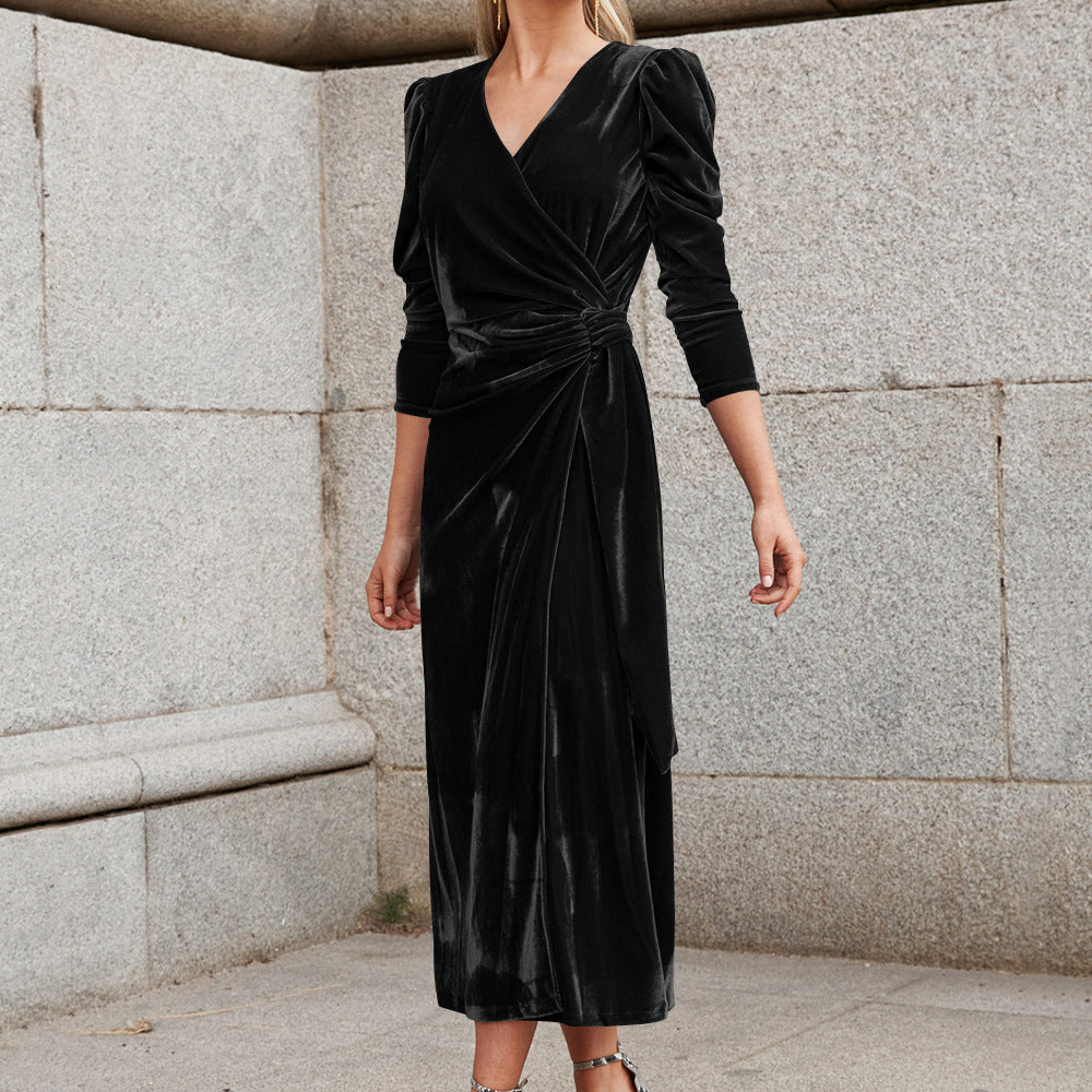 Women's Solid Color Tie Waist V-Neck Velvet Dress - Luxurious Velvet Fabric