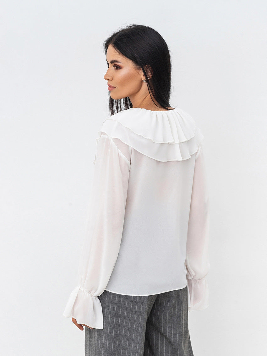French Style White Chiffon V-Neck Tie Loose Women's Blouse