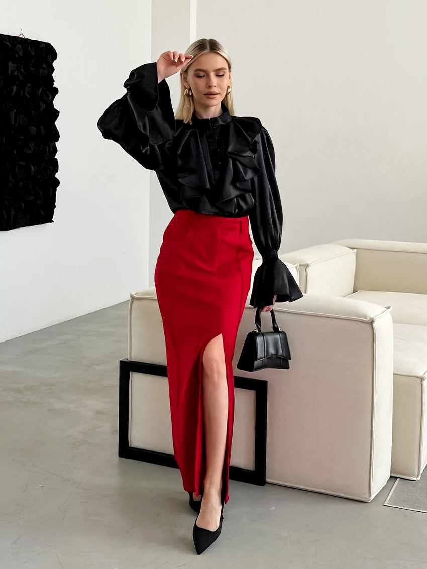 Women's Vintage Ruffle Stand Collar Satin Shirt with Bell Sleeves and Glossy Finish