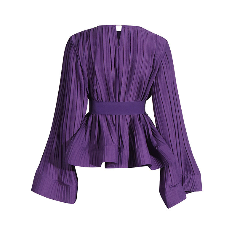 Women's Purple Pleated Ruffle Top and High-Waisted Skirt Set