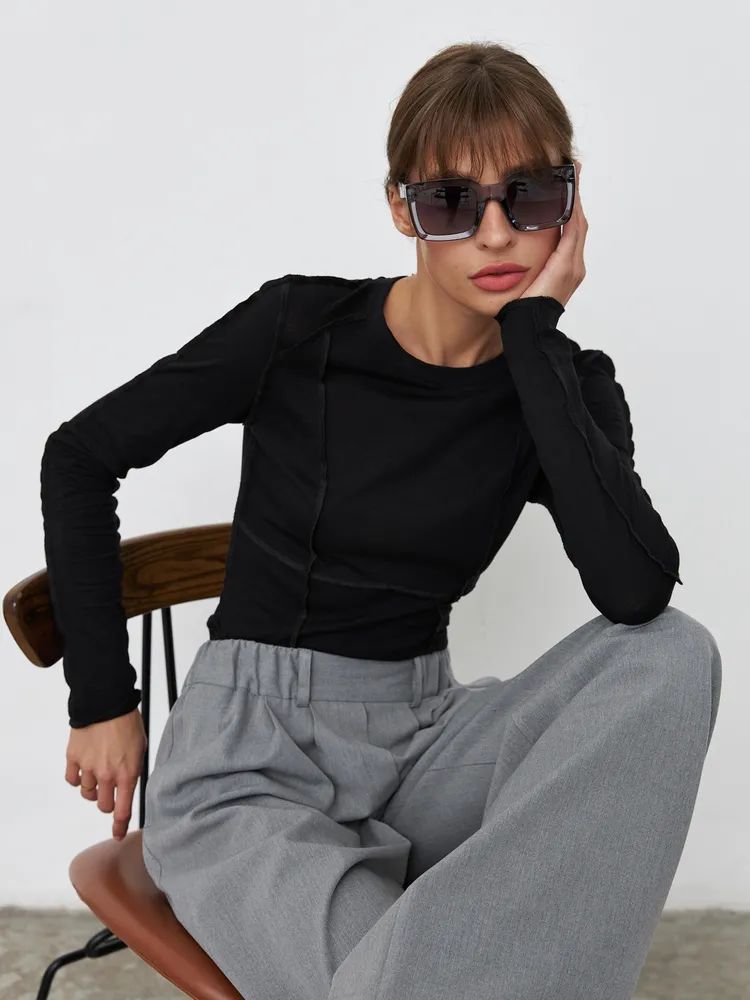 Women's Fashion Casual Contrast Stitching Crew Neck Long Sleeve T-Shirt