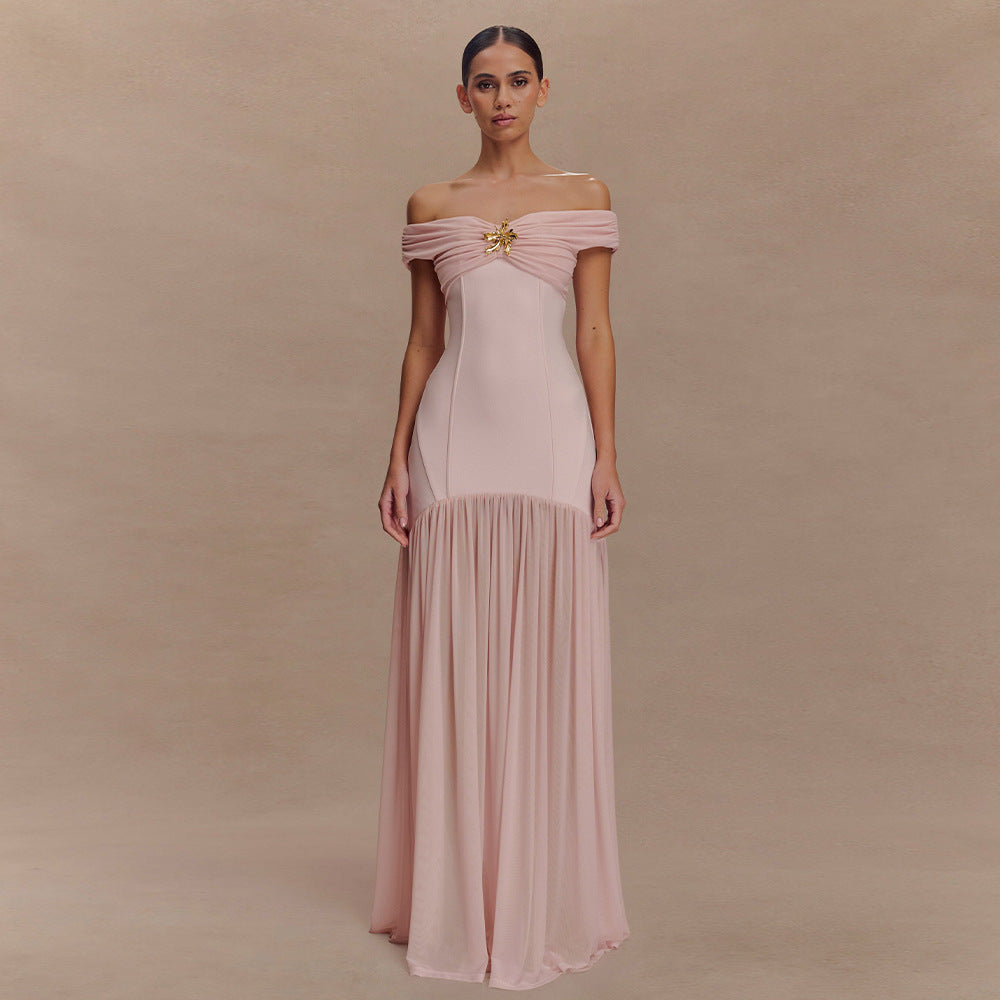 Elegant Strapless Mesh Patchwork Backless Ruched Bodycon Maxi Dress for Women