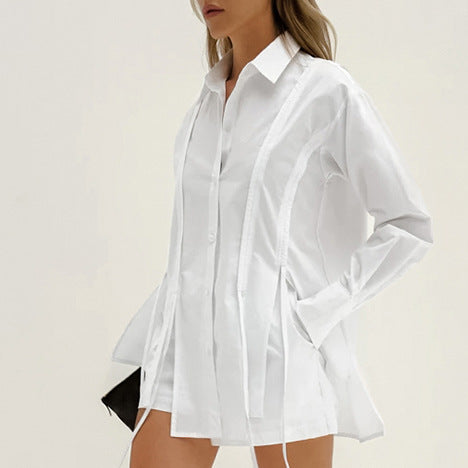 Women's Summer French Lapel Tie Long Sleeve Shirt and Shorts Set