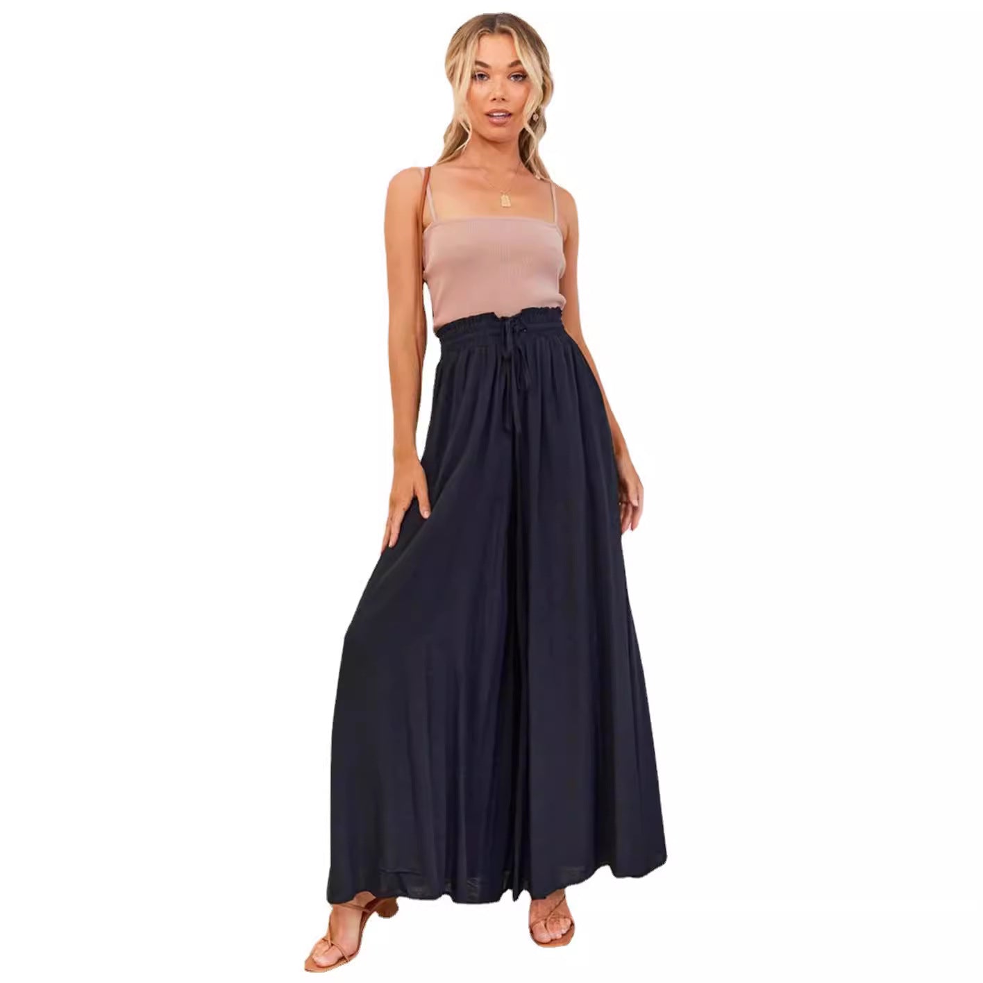 Women’s Multi-Color Elastic Waist High-Waisted Wide-Leg Long Skirt Pants