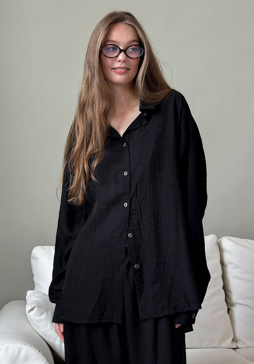 Women's Autumn Long Sleeve Pajama Set – Loose Fit Button-Up Lounge Set with Long Pants