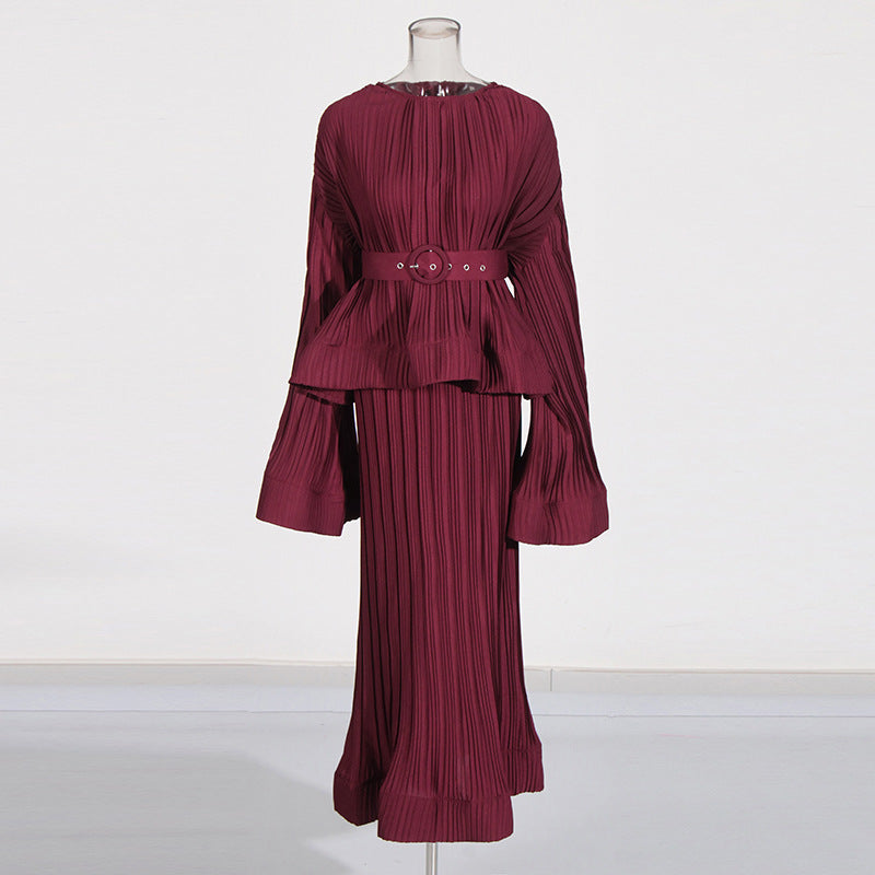 Women's Purple Pleated Ruffle Top and High-Waisted Skirt Set