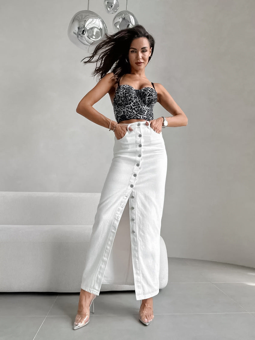 Women's White High-Waisted Fitted Button Skirt 100% Cotton