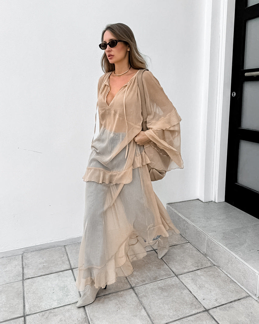 Women's Khaki Batwing Sleeve Cover-Up Dress