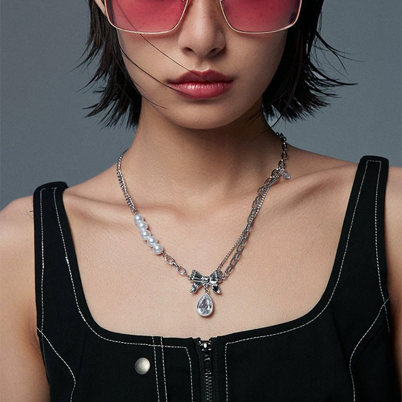 Bow and Crystal Pendant Necklace