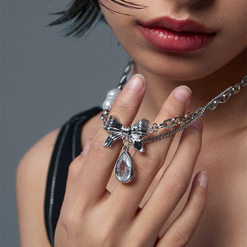 Bow and Crystal Pendant Necklace