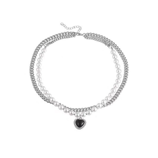 Double Layered Heart Pearl Necklace - ACC MODE