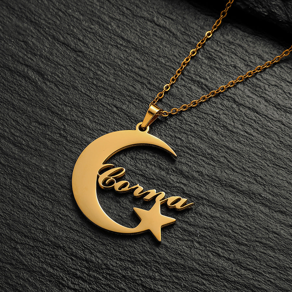 Custom Name Necklace-Moon Hugs Star