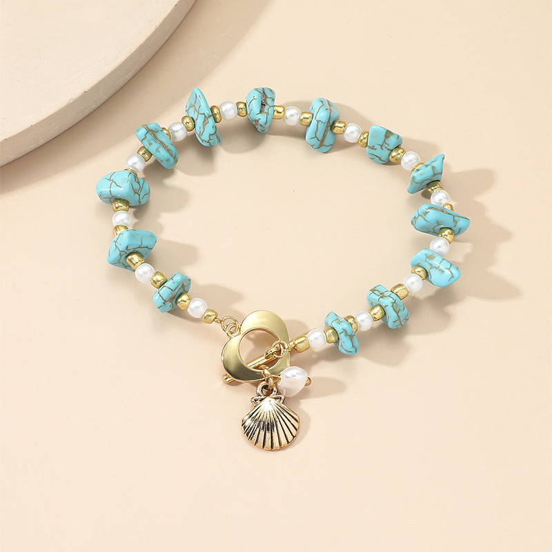 Irregular Turquoise Gravel Bracelet Beaded Natural Stone Shell Pendant OT Buckle Bracelet