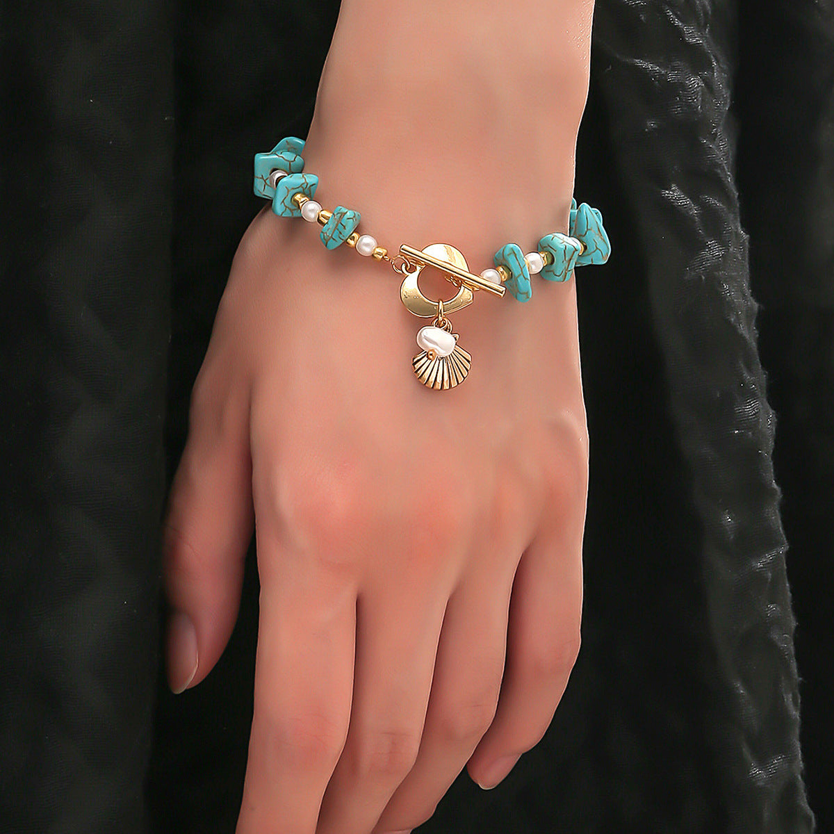 Irregular Turquoise Gravel Bracelet Beaded Natural Stone Shell Pendant OT Buckle Bracelet