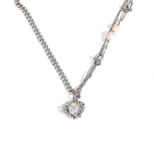 Pearl Stitching Heart Zircon Pendant Clavicle Chain