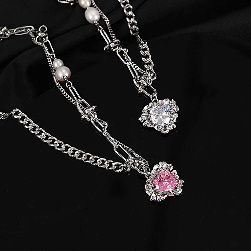 Pearl Stitching Heart Zircon Pendant Clavicle Chain