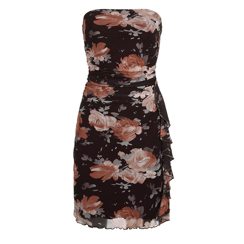 Rose Print Strapless Neck Ruffle Dress