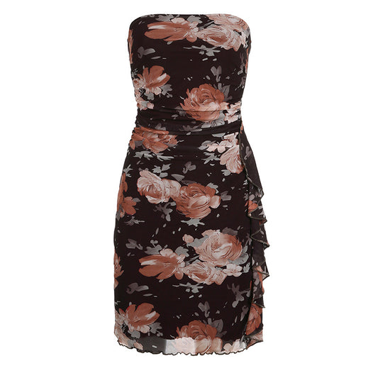 Rose Print Strapless Neck Ruffle Dress