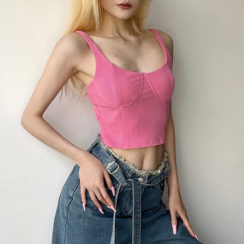 Pink Sexy Low Neck Chest Split Suspenders