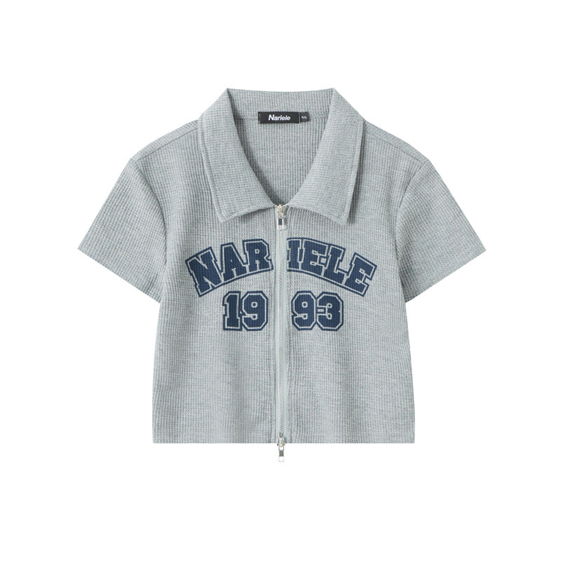Waffle Pattern Double Zip Pull Letter Print T-Shirt