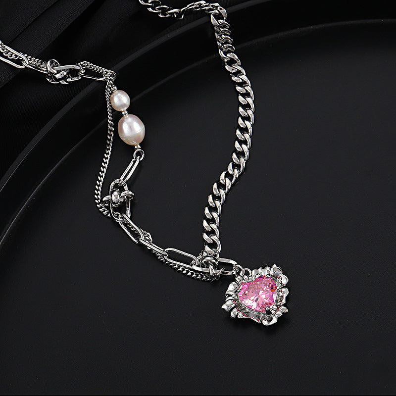 Pearl Stitching Heart Zircon Pendant Clavicle Chain