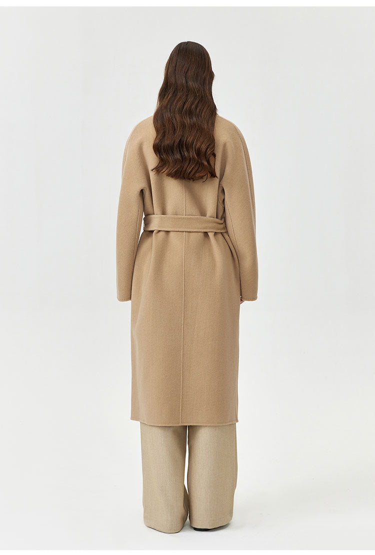 Women's loose double-breasted lace-up wool coat