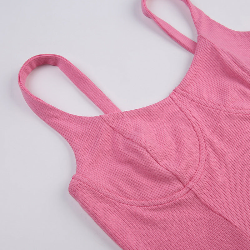 Pink Sexy Low Neck Chest Split Suspenders