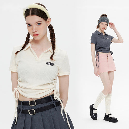 Preppy Polo Neck Drawstring T-Shirt