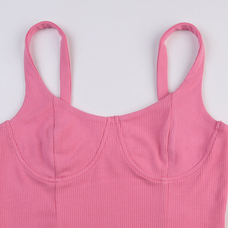 Pink Sexy Low Neck Chest Split Suspenders