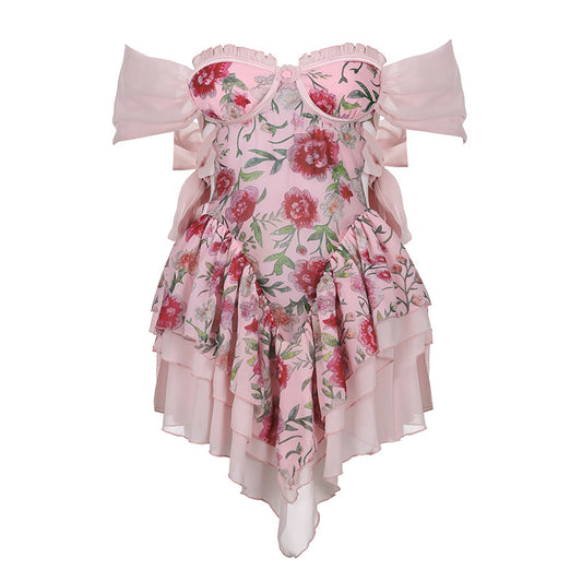 Pink Floral Mesh One-shoulder Waist A-line Dress