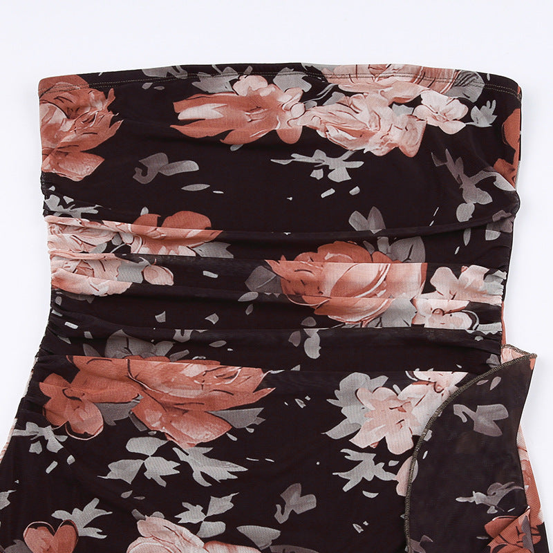 Rose Print Strapless Neck Ruffle Dress
