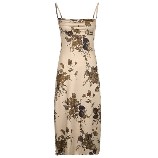 Withered Rose Print Off-neck Pleated Open-back Dress