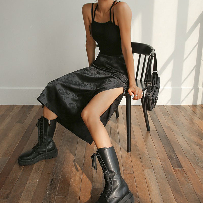 High-waisted Obscure Jacquard Slit Asymmetric Skirt