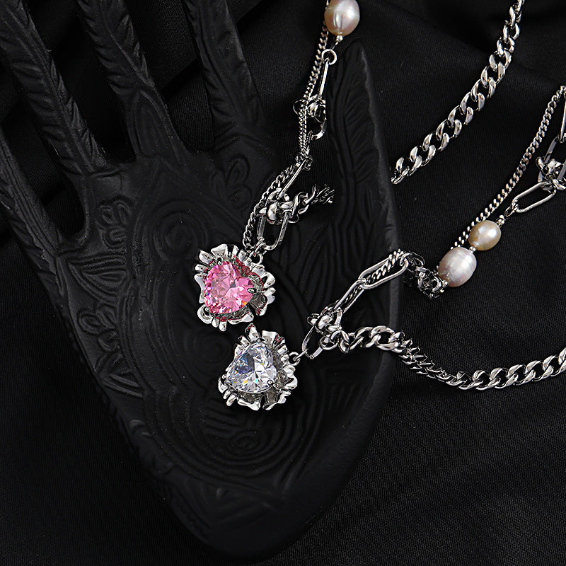 Pearl Stitching Heart Zircon Pendant Clavicle Chain