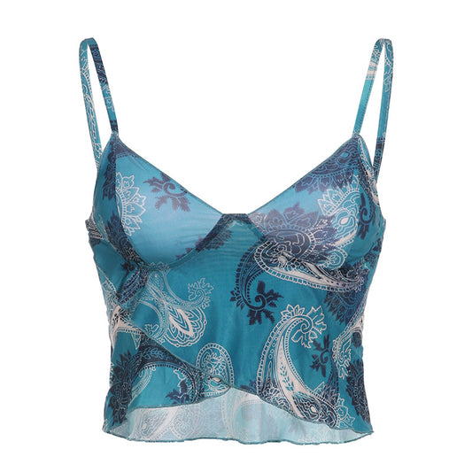 Summer Floral V-neck Mesh Suspenders