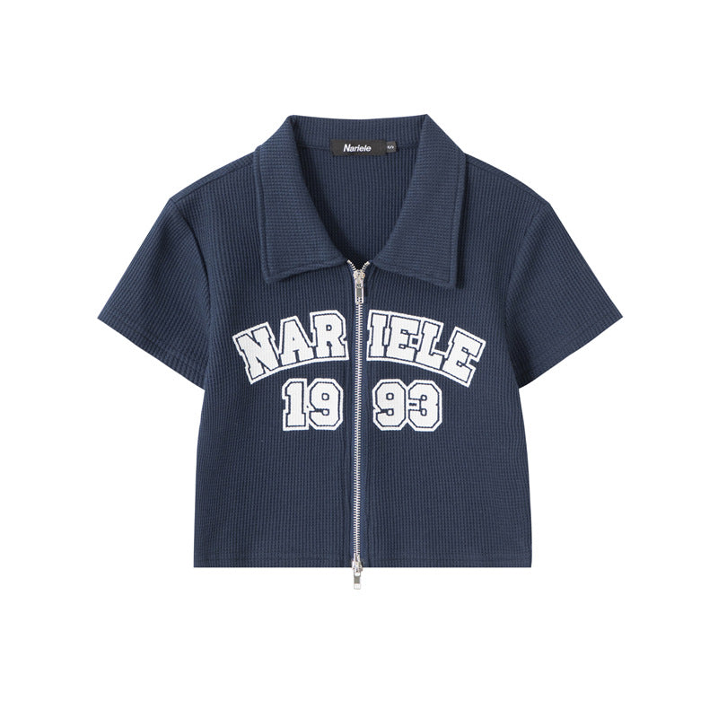 Waffle Pattern Double Zip Pull Letter Print T-Shirt