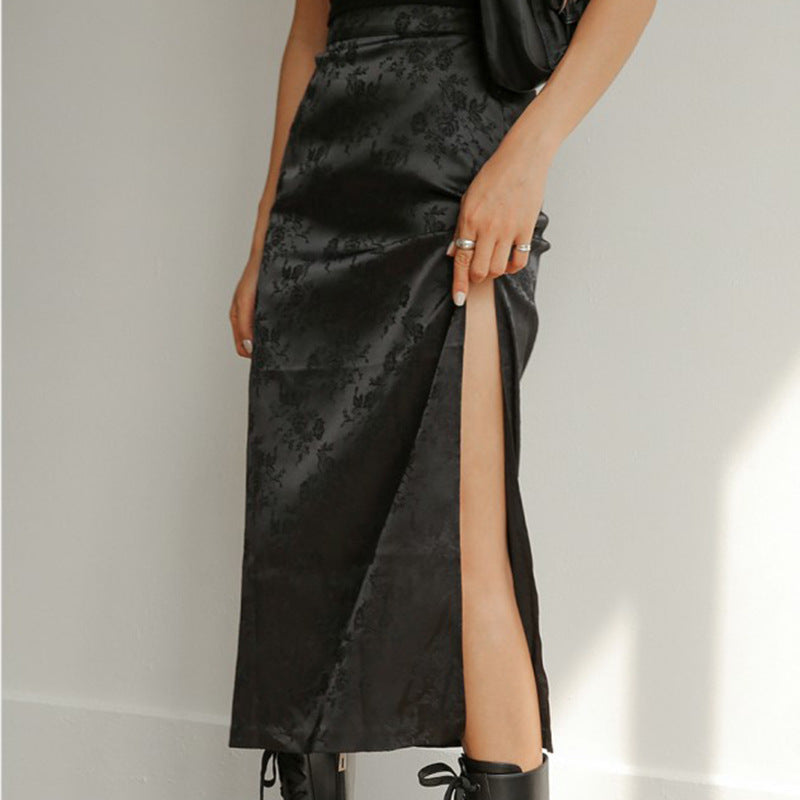 High-waisted Obscure Jacquard Slit Asymmetric Skirt