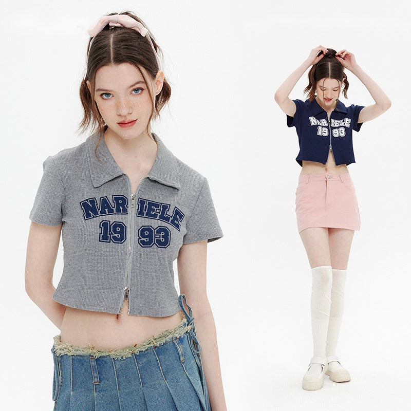 Waffle Pattern Double Zip Pull Letter Print T-Shirt