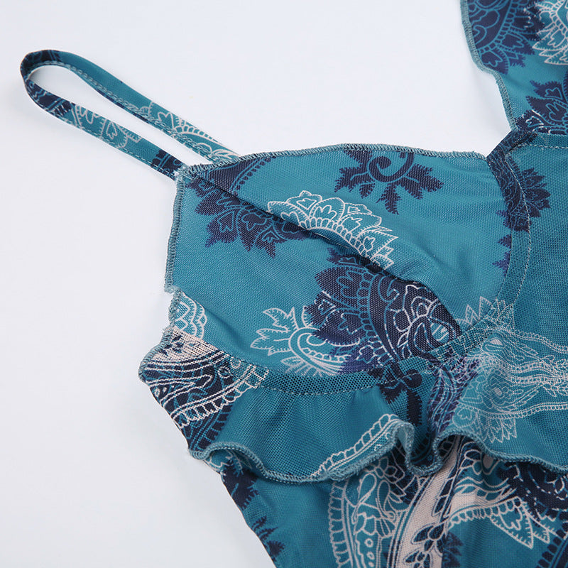 Summer Floral V-neck Mesh Suspenders