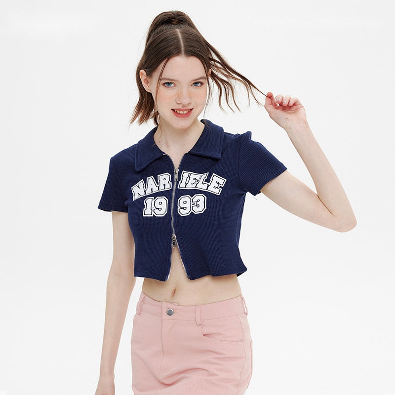 Waffle Pattern Double Zip Pull Letter Print T-Shirt
