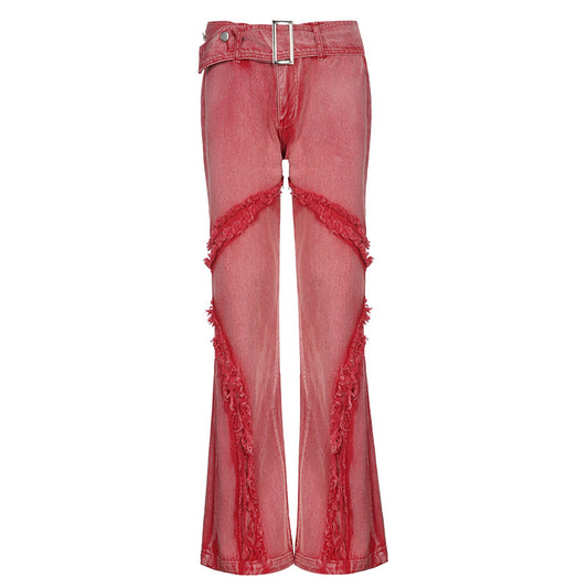 Metal Buckle Frayed Low Rise Jeans