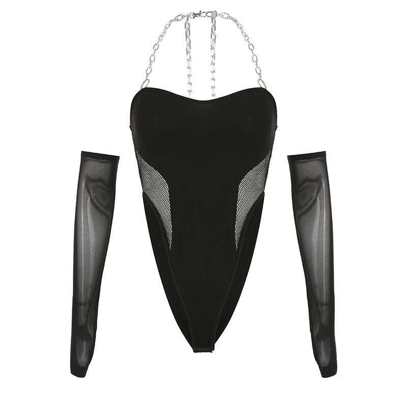 Tight Irregular Sleeves Personalized Chain Halter Neck Backless Vest