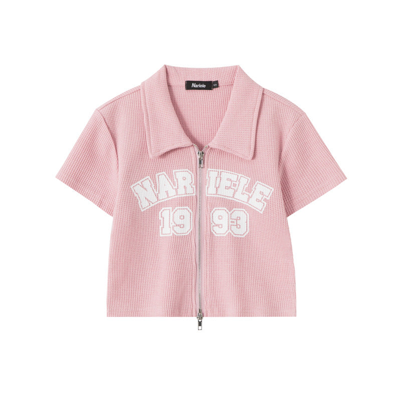 Waffle Pattern Double Zip Pull Letter Print T-Shirt