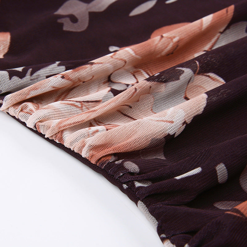 Rose Print Strapless Neck Ruffle Dress