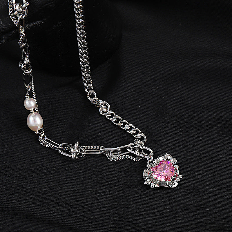 Pearl Stitching Heart Zircon Pendant Clavicle Chain