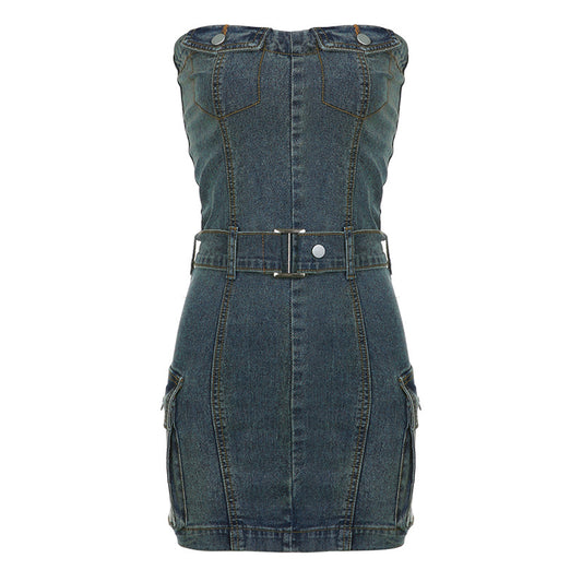 Y2K Strapless Waist Denim Dress